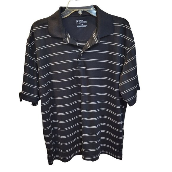 PGA Tour Men's Sz Large Black White Striped SS Stretch Pullover Golf Polo Shirt - Picture 1 of 5